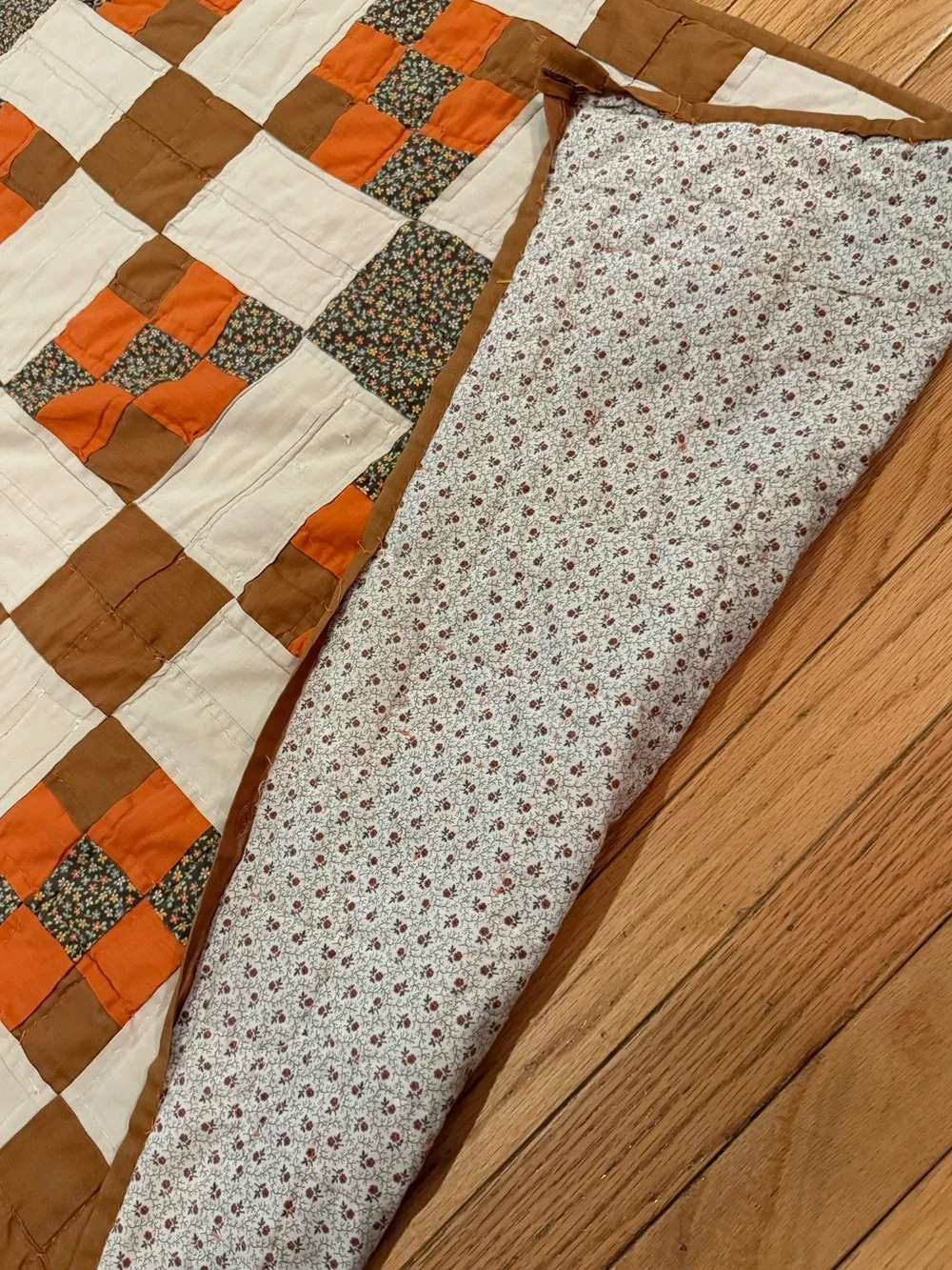 VTG Handmade Appalachian Granny Patchwork Quilt Cream, Orange & Brown 85 x 75